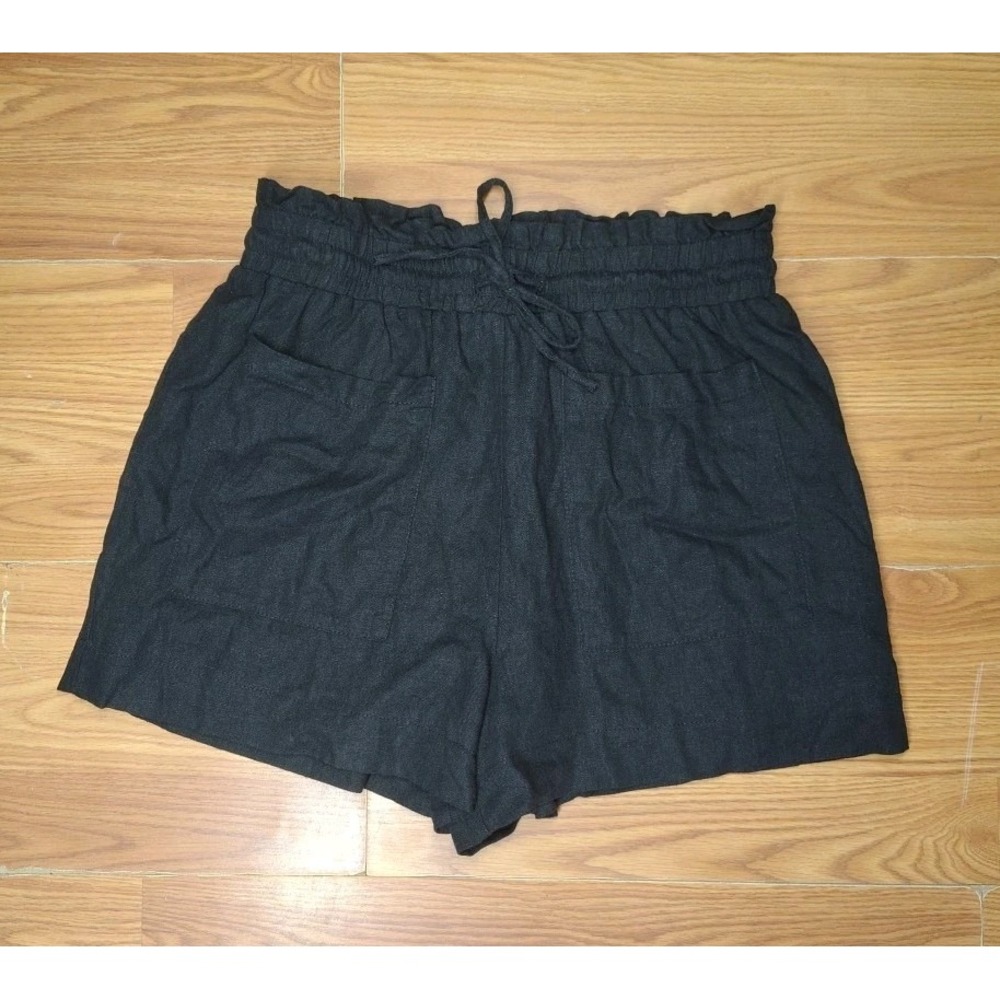 7 For All Mankind High Rise Linen Shorts Black Drawstring Paperbag Small